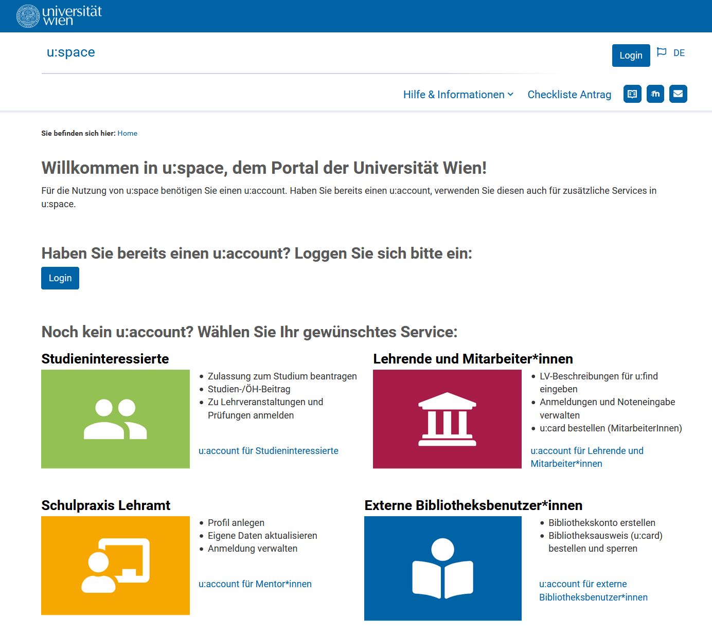 Screenshot u:space Portal der Universität Wien